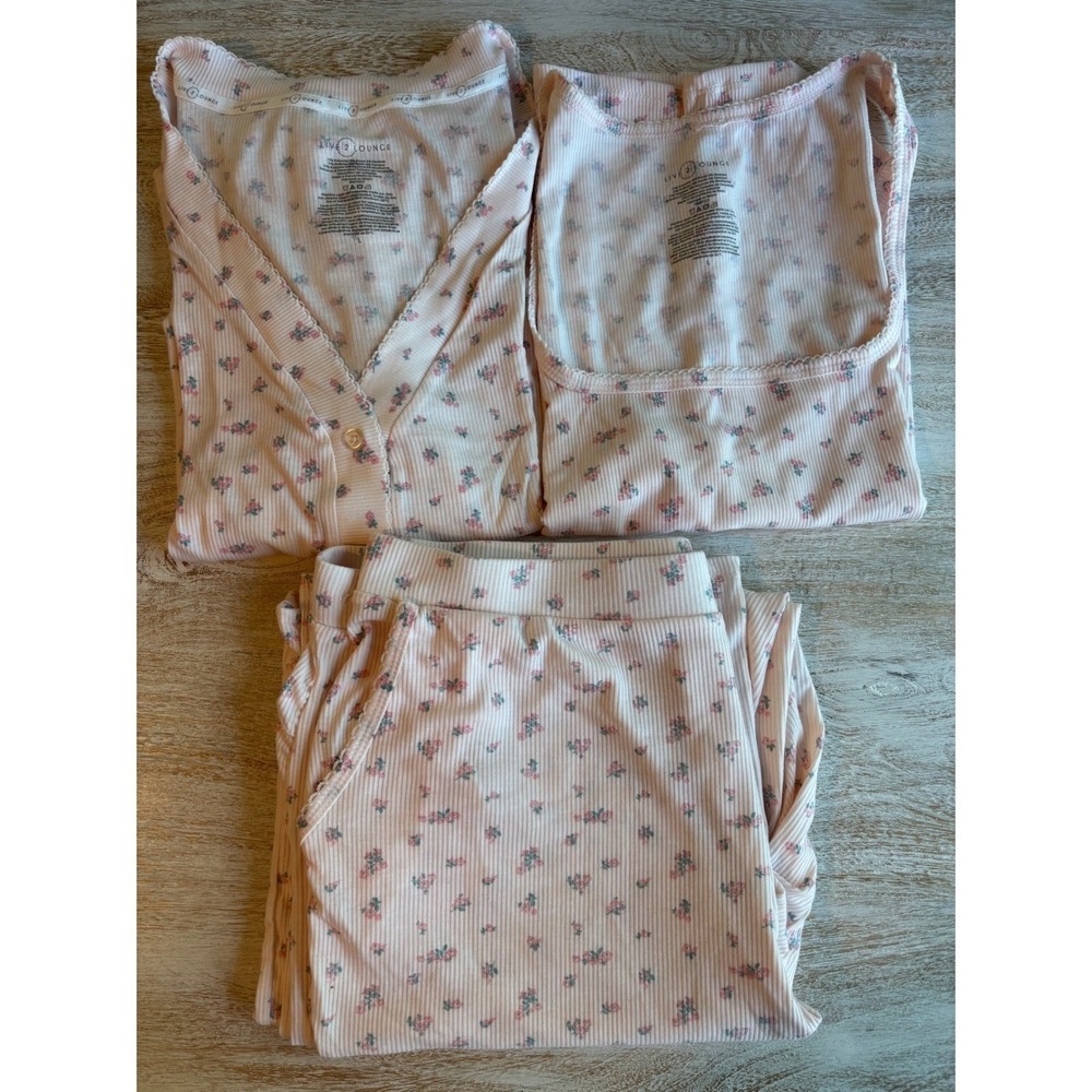 Live 2 Lounge 3 Piece Pajama Set Womens Large Pink Floral Cardigan Tank Pants - Picture 2 of 14
